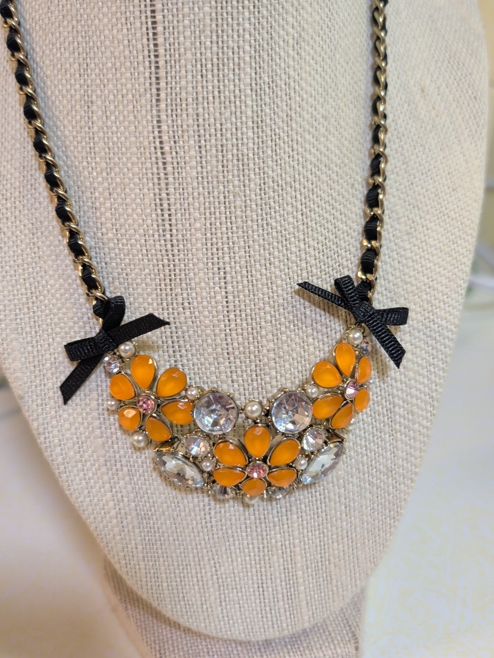 Betsey Johnson Orange Floral Crystal Bib Necklace